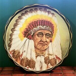 Vintage Native American Indian Chief Metal Cocktail Serving Tray 11" Diameter